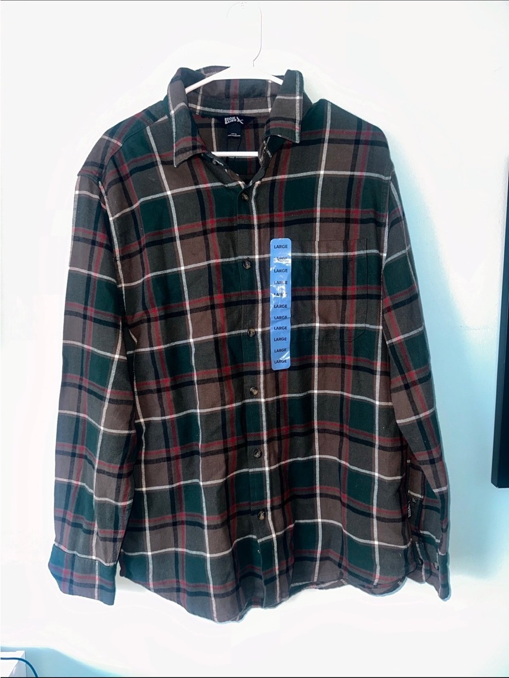 Eddie Bauer Olive, Brown & Red Plaid Flannel Shirt